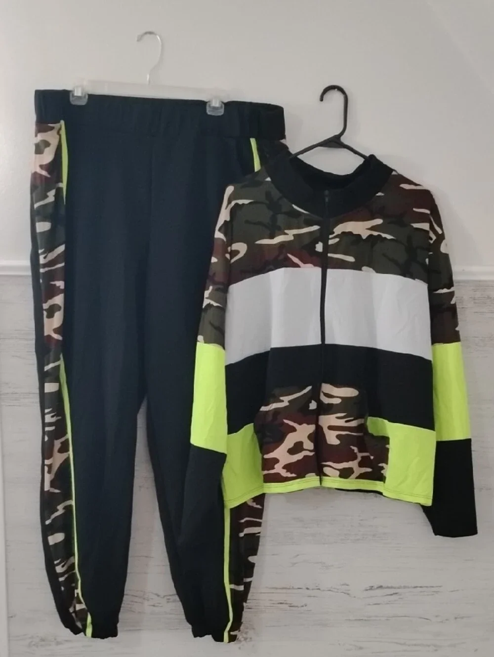 Ashley Stewart Camouflage Track Jacket & Matching Pants with Neon Yellow Accents